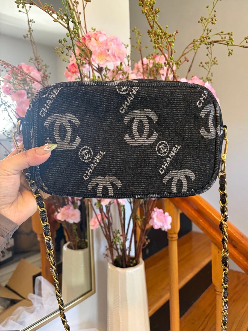 New Novelty CC Black Denim Novelty Crossbody Makeup Bag With Gold Accents